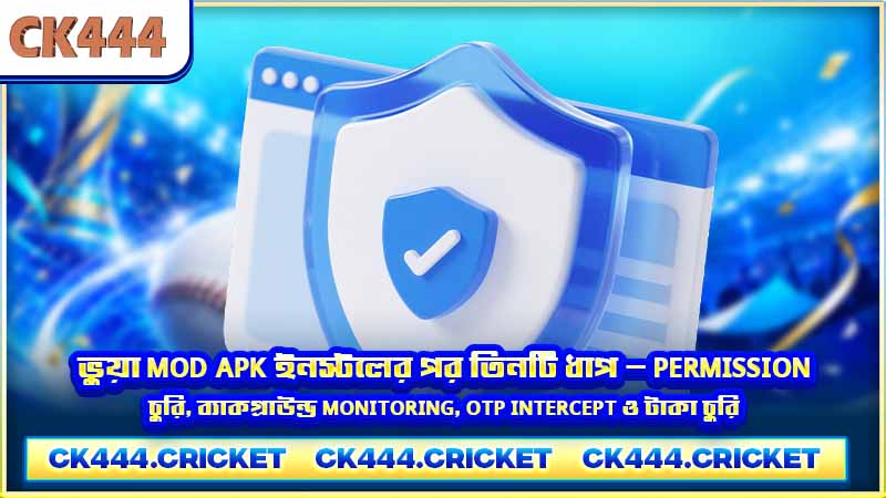 ভুয়া Mod APK ইনস্টলের পর তিনটি ধাপ — permission চুরি, ব্যাকগ্রাউন্ড monitoring, OTP intercept ও টাকা চুরি