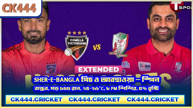 Sher-e-Bangla পিচ ও আবহাওয়া — স্পিন-বান্ধব, গড় ১৫৫ রান, ২৪-২৬°C, ৮ PM শিশির, ০% বৃষ্টি